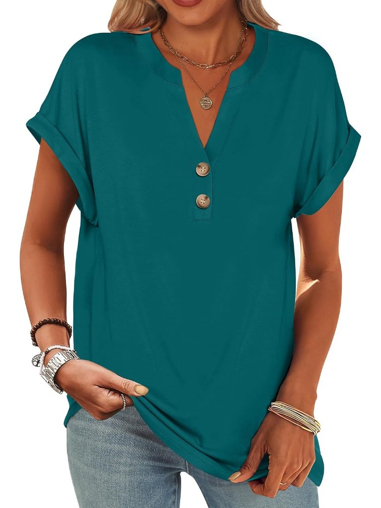 Women's Teal V Neck Short Sleeve Shirt Henley Comfortable Trendy Summer Tops